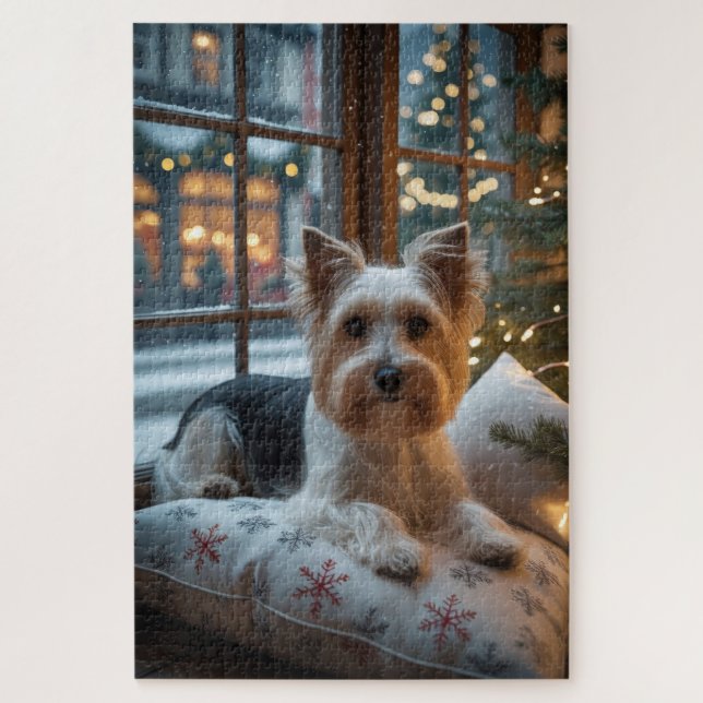 Biewer Terrier With Christmas Lights Holiday Jigsaw Puzzle (Vertical)
