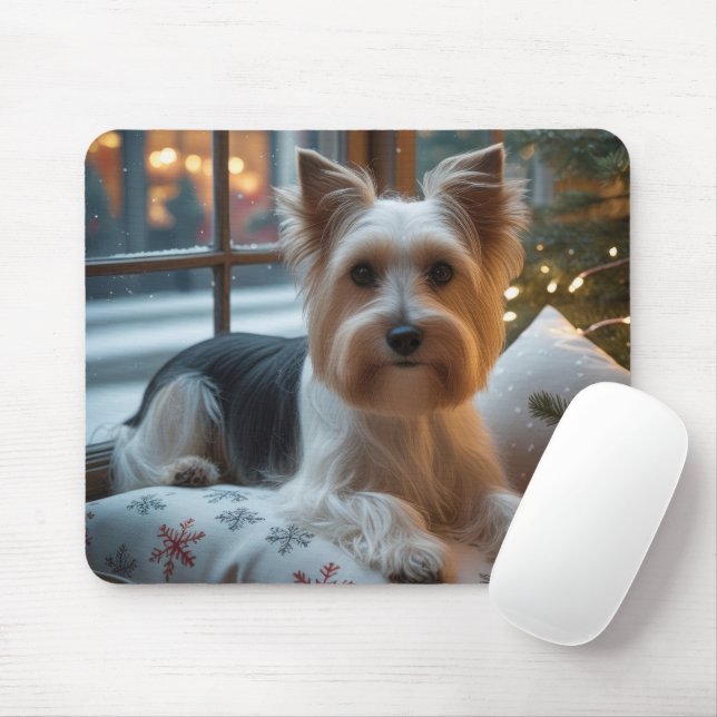 Biewer Terrier With Christmas Lights Holiday Mouse Pad (With Mouse)