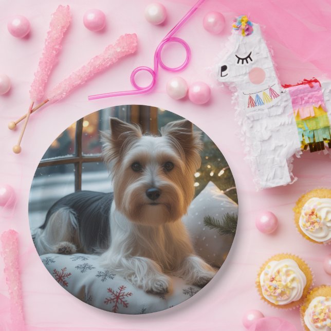 Biewer Terrier With Christmas Lights Holiday Paper Plate (Party)