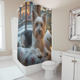 Biewer Terrier With Christmas Lights Holiday Shower Curtain