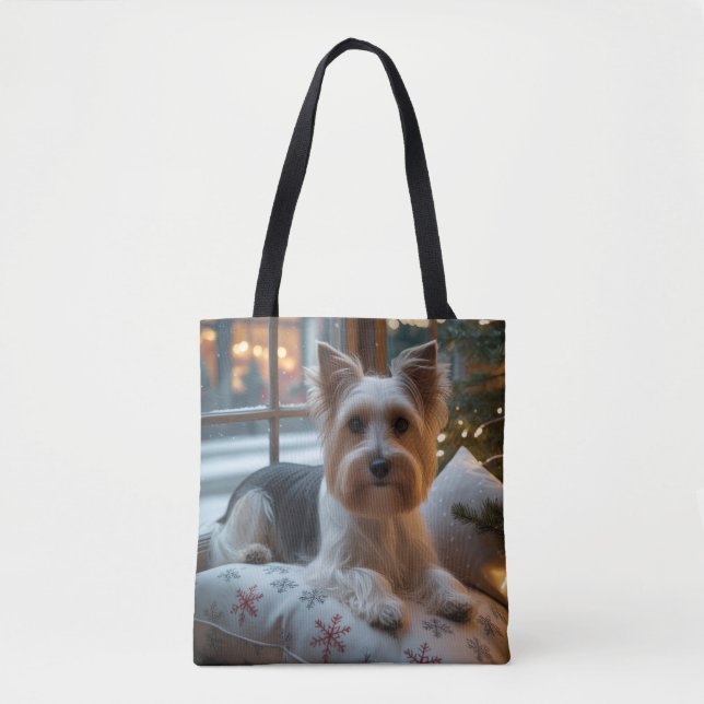 Biewer Terrier With Christmas Lights Holiday Tote Bag (Front)