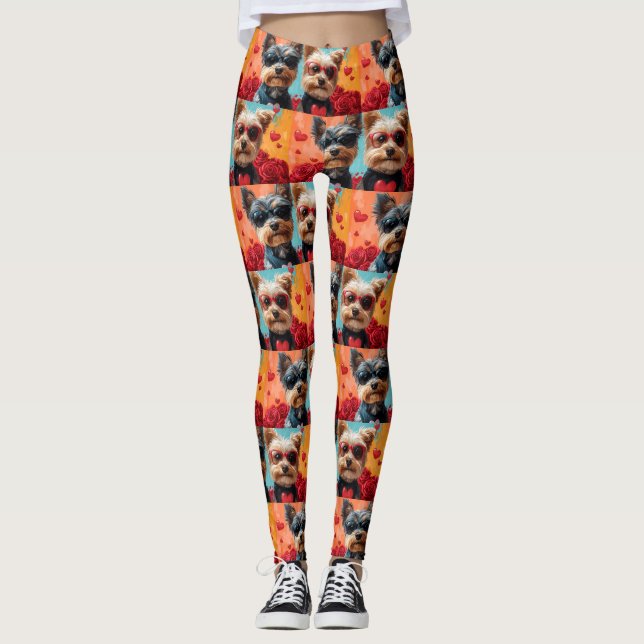 Biewer Terrier With Heart Roses Valentine's Day Leggings (Front)