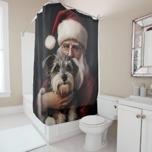 Biewer Terrier With Santa Claus Festive Christmas Shower Curtain