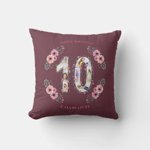 Big 10th Birthday Girl Photo Collage Pink Flower Cushion