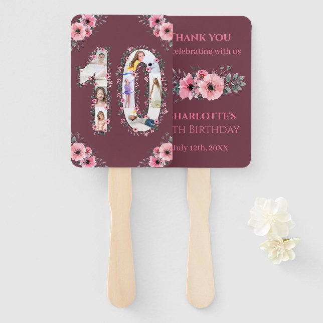 Big 10th Birthday Girl Photo Collage Pink Flower Hand Fan (Front and Back)