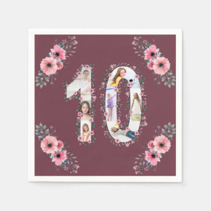 Big 10th Birthday Girl Photo Collage Pink Flower Napkin