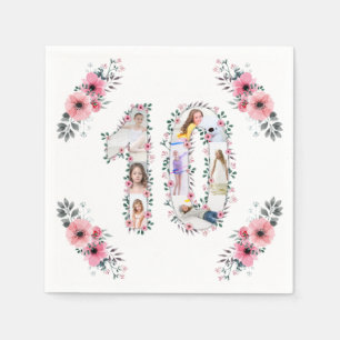 Big 10th Birthday Girl Photo Collage Pink Flower Napkin