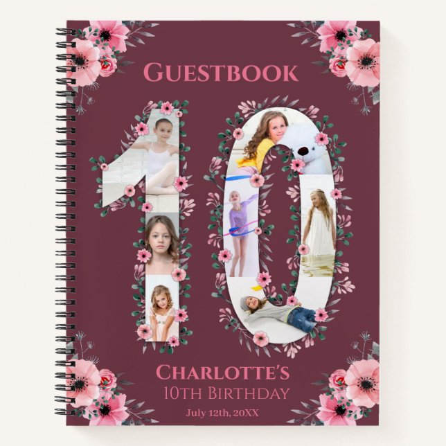 Big 10th Birthday Girl Photo Pink Flower Guestbook Notebook (Front)