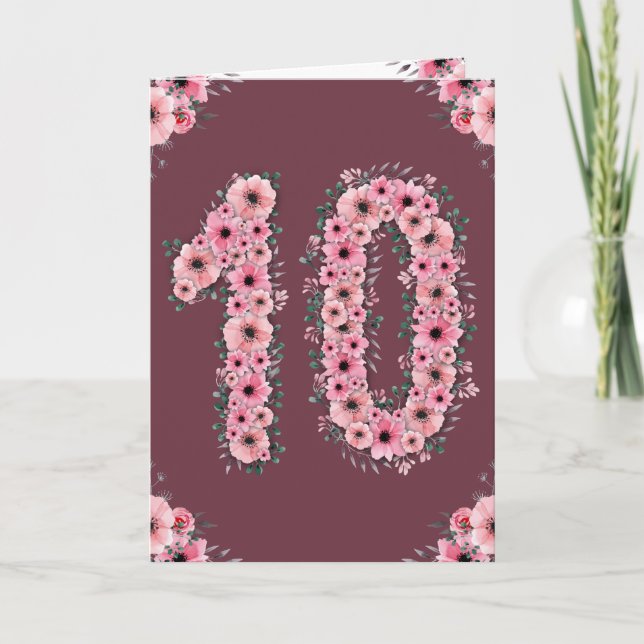 Big 10th Birthday Pink Flowers Green Foliage Girl Card (Front)