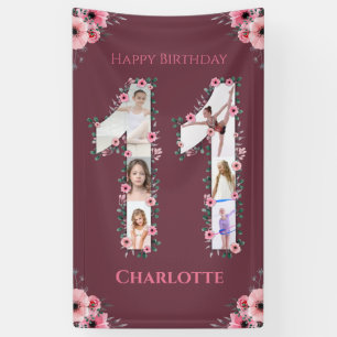 Big 11th Birthday Girl Photo Collage Pink Flower Banner