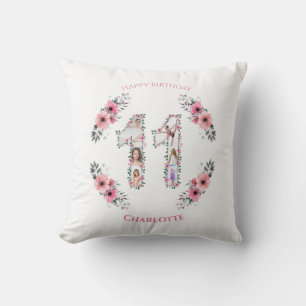 Big 11th Birthday Girl Photo Collage Pink Flower Cushion