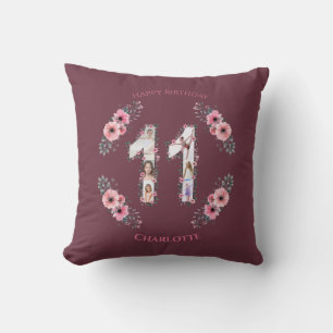Big 11th Birthday Girl Photo Collage Pink Flower Cushion