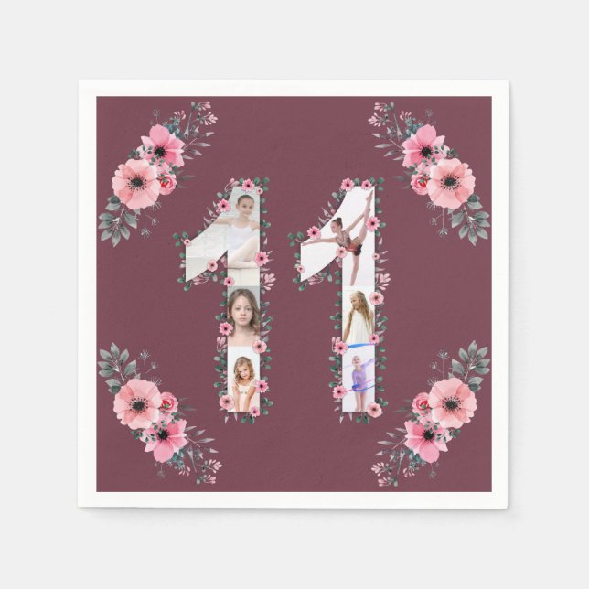 Big 11th Birthday Girl Photo Collage Pink Flower Napkin (Front)