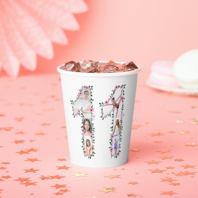 Big 11th Birthday Girl Photo Collage Pink Flower Paper Cups (Insitu)