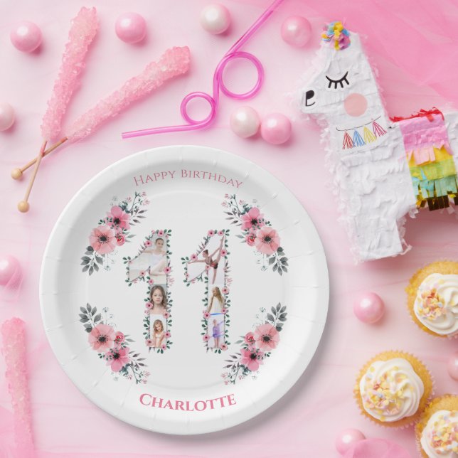 Big 11th Birthday Girl Photo Collage Pink Flower Paper Plate (Party)