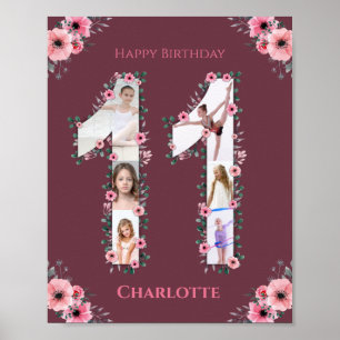 Big 11th Birthday Girl Photo Collage Pink Flower Poster