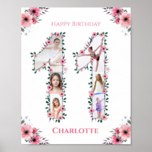 Big 11th Birthday Girl Photo Collage Pink Flower Poster