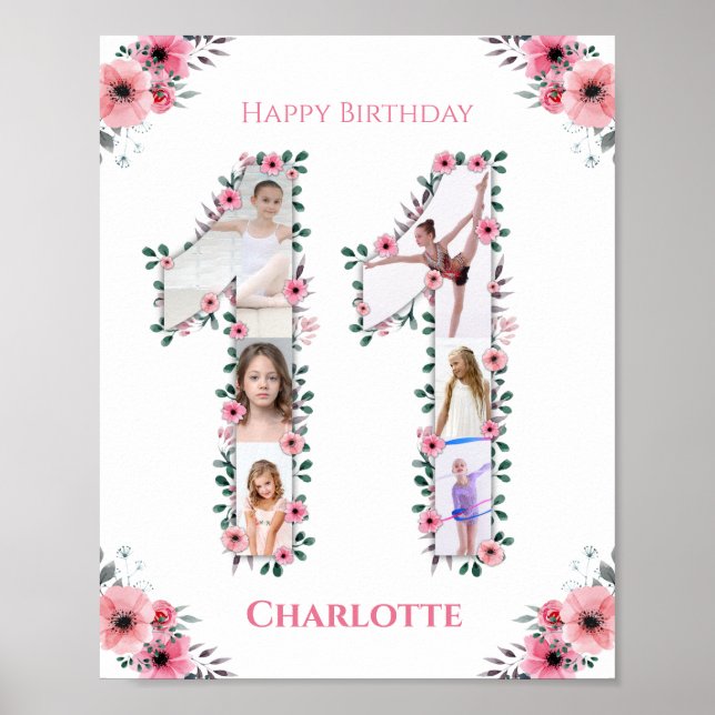 Big 11th Birthday Girl Photo Collage Pink Flower Poster (Front)