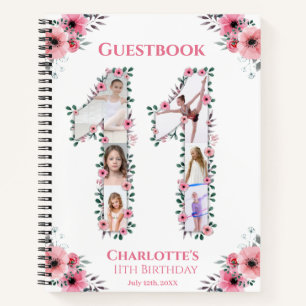 Big 11th Birthday Girl Photo Pink Flower Guestbook Notebook