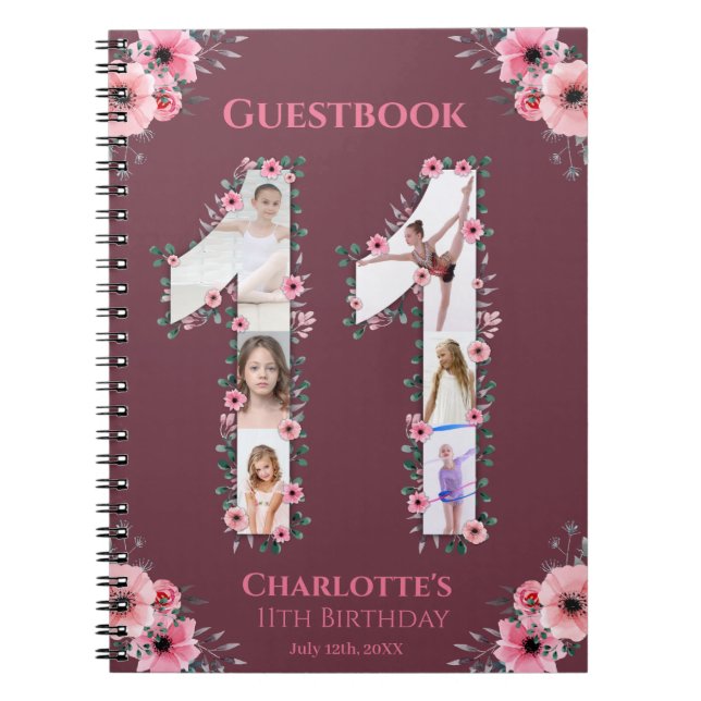Big 11th Birthday Girl Photo Pink Flower Guestbook Notebook (Front)