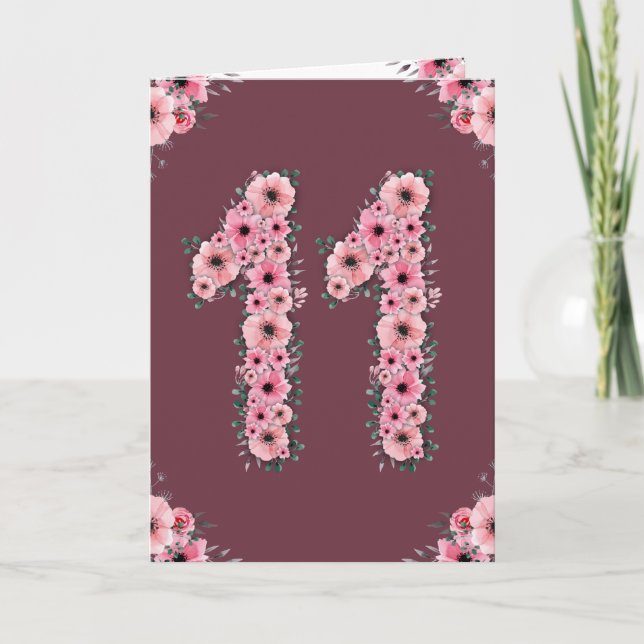 Big 11th Birthday Pink Flowers Green Foliage Girl Card (Front)