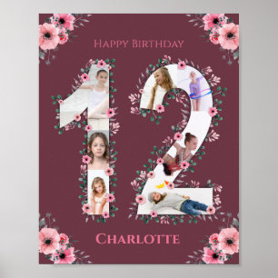 Big 12th Birthday Pink Flower Girl Photo Collage Poster