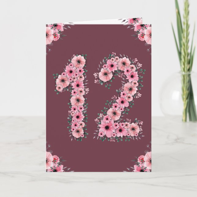 Big 12th Birthday Pink Flowers Green Foliage Girl Card (Front)