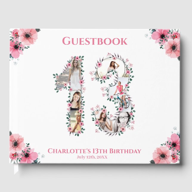 Big 13th Birthday Photo Collage Flower Girl White Guest Book (Front)