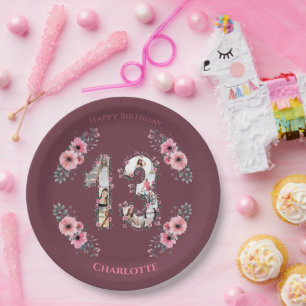 Big 13th Birthday Photo Collage Girl Pink Flower Paper Plate