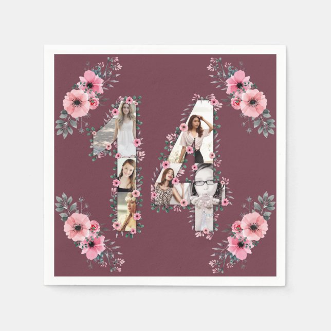 Big 14th Birthday Girl Flower Photo Collage Napkin (Front)