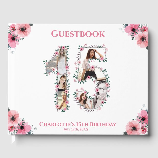 Big 15th Birthday Photo Collage Flower Girl White Guest Book (Front)