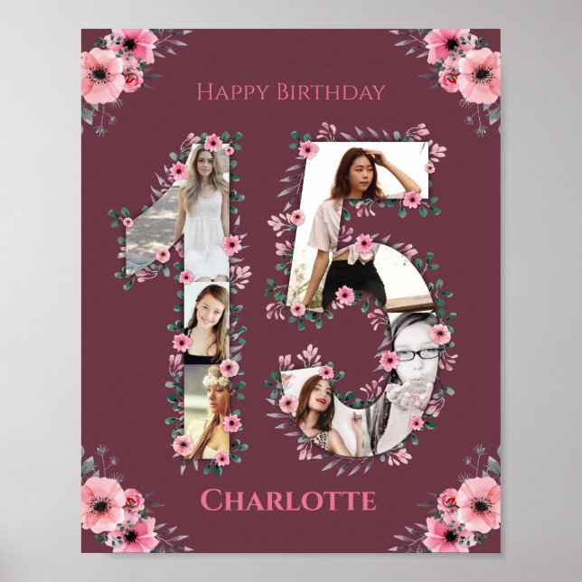 Big 15th Birthday Pink Flower Girl Photo Collage Poster (Front)