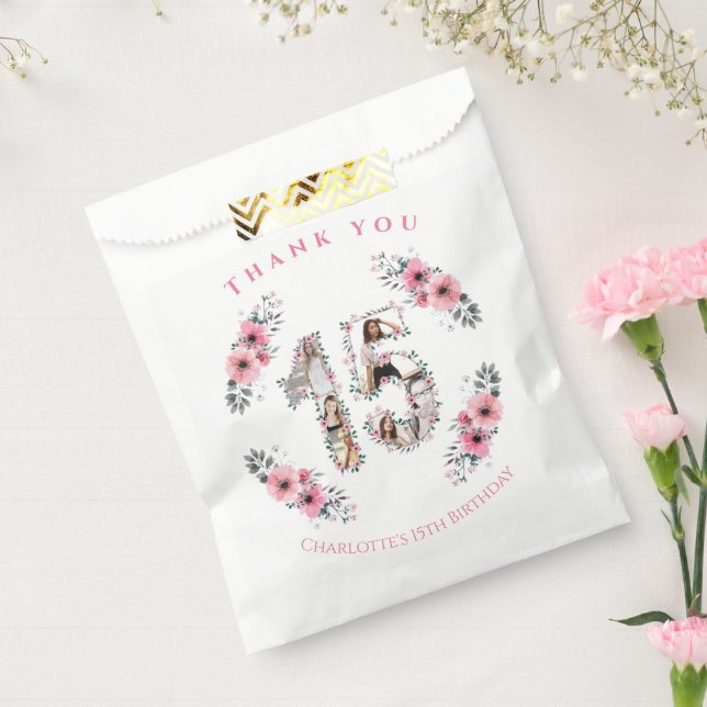 Big 15th Girl Birthday Photo Collage Pink Flower Favour Bag (Sealed)