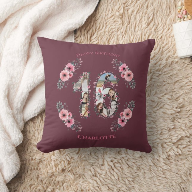 Big 16th Birthday Girl Pink Flower Photo Collage Cushion (Blanket)