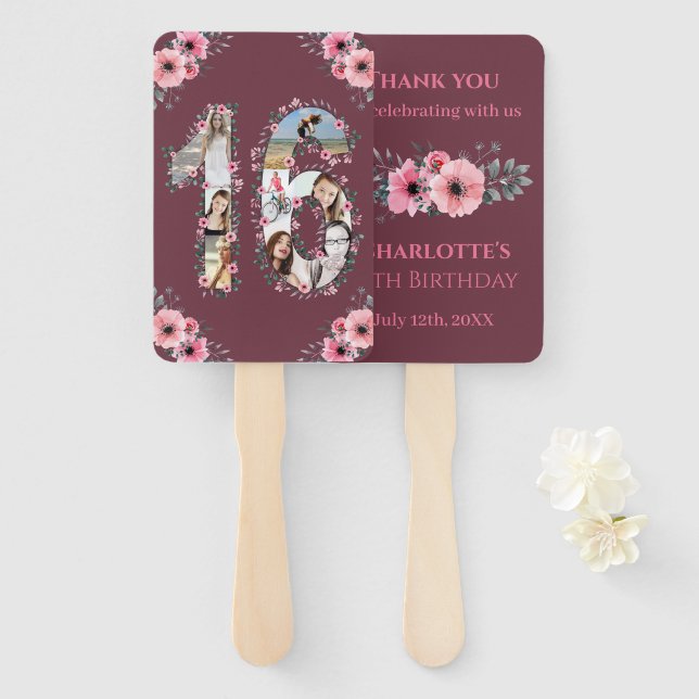 Big 16th Birthday Photo Collage Pink Girl Flower Hand Fan (Front and Back)