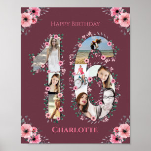 Big 16th Birthday Pink Flower Girl Photo Collage Poster
