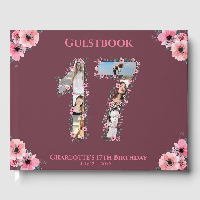 Big 17th Birthday Photo Collage Flower Girl Pink Guest Book (Front)