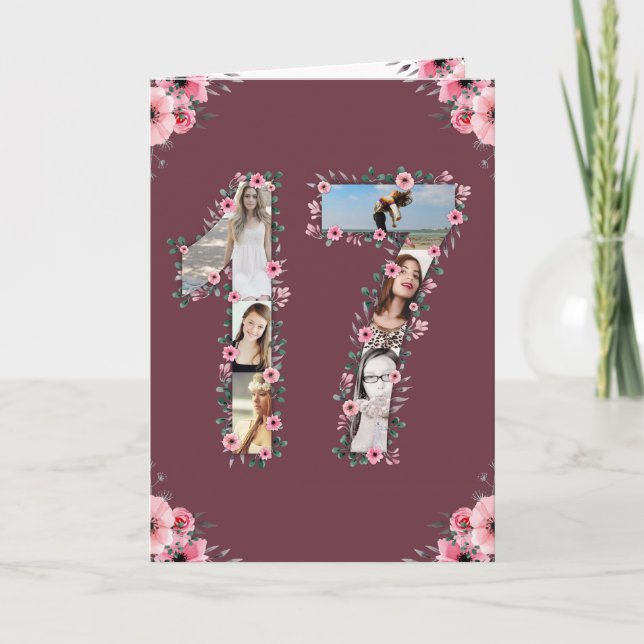 Big 17th Birthday Photo Collage Girl Pink Flower Card (Front)
