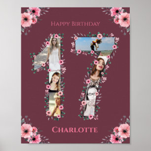 Big 17th Birthday Pink Flower Girl Photo Collage Poster