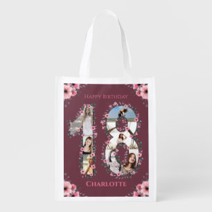 Big 18th Birthday Girl Photo Collage Pink Flower Reusable Grocery Bag
