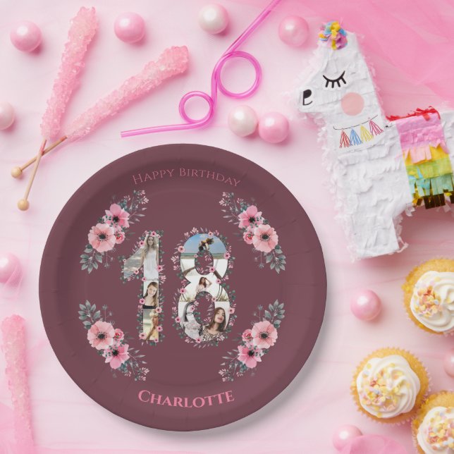 Big 18th Birthday Photo Collage Girl Pink Flower Paper Plate (Party)