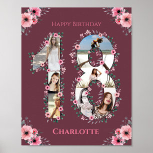 Big 18th Birthday Pink Flower Girl Photo Collage Poster