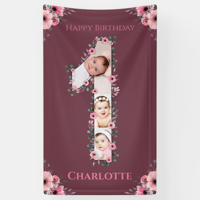 Big 1st Birthday Girl Photo Collage Pink Flower Banner (Vertical)