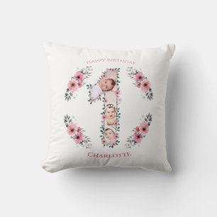 Big 1st Birthday Girl Photo Collage Pink Flower Cushion
