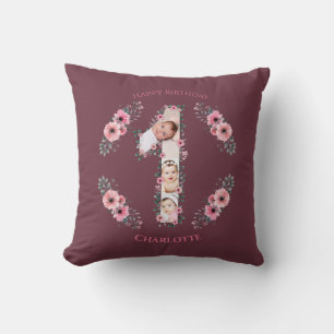 Big 1st Birthday Girl Photo Collage Pink Flower Cushion