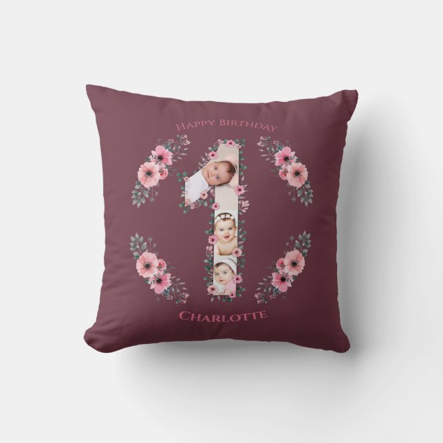 Big 1st Birthday Girl Photo Collage Pink Flower Cushion (Front)