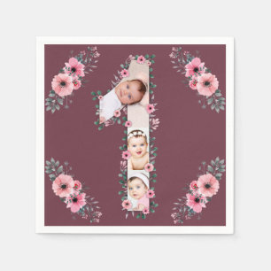 Big 1st Birthday Girl Photo Collage Pink Flower Napkin