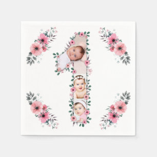 Big 1st Birthday Girl Photo Collage Pink Flower Napkin