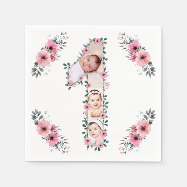 Big 1st Birthday Girl Photo Collage Pink Flower Napkin (Front)