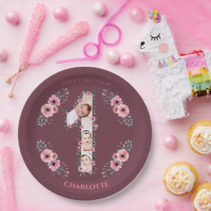 Big 1st Birthday Girl Photo Collage Pink Flower Paper Plate